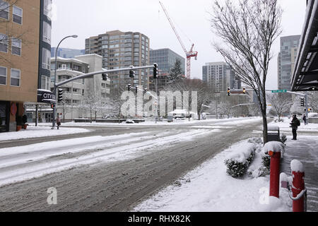 Bellevue, WA, USA. 4 Feb, 2019. Bellevue ist eingeschneit. Es gibt nur sehr wenige Autos und Fußgänger auf den Straßen Stockfoto