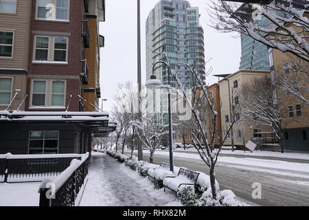 Bellevue, WA, USA. 4 Feb, 2019. Bellevue ist eingeschneit. Es gibt nur sehr wenige Autos und Fußgänger auf den Straßen Stockfoto