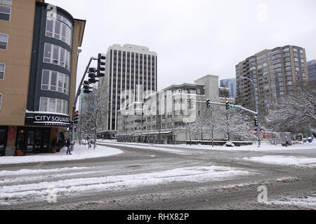 Bellevue, WA, USA. 4 Feb, 2019. Bellevue ist eingeschneit. Es gibt nur sehr wenige Autos und Fußgänger auf den Straßen Stockfoto