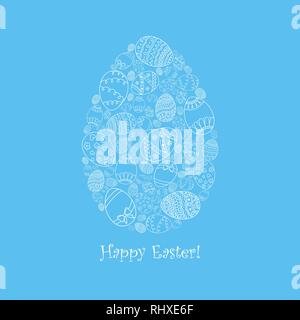 Vektor Ostern Einladungskarte von Ei form aus weißen doodle Ostereier mit Frohe Ostern text Schrift auf blauem Hintergrund. Stock Vektor