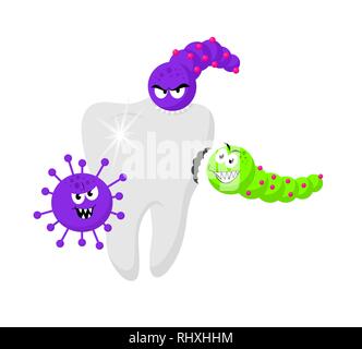 Bakterien und Viren um Zahn. Stomatologie. Die Zahnmedizin. Hygiene medizinisches Konzept. Raster Abbildung auf weißem Hintergrund Stockfoto