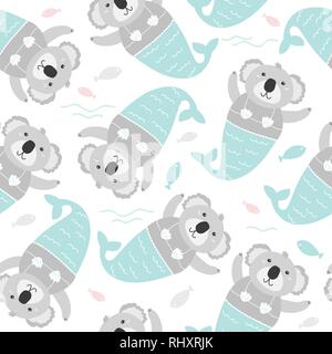 Kinder Hintergrund. Cute coala Mermaid Sea nahtlose Muster. Stock Vektor