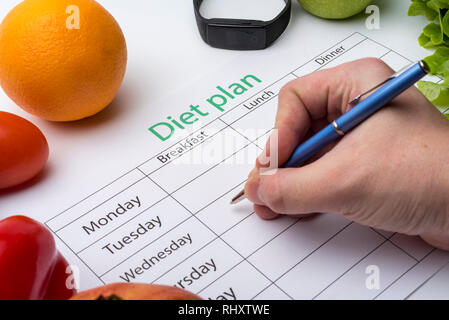 Der Arzt schreibt ein Rezept, um den Patienten, macht eine Diät Plan am Arbeitsplatz mit frischem Obst. Ansicht von oben, das Konzept der gesunden Ernährung. Stockfoto