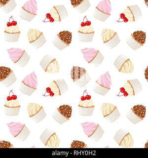 Kleine Kuchen und Muffins. Gebäck Hintergrund. Nahtlose Muster. Vector Illustration auf weißem Hintergrund Stock Vektor