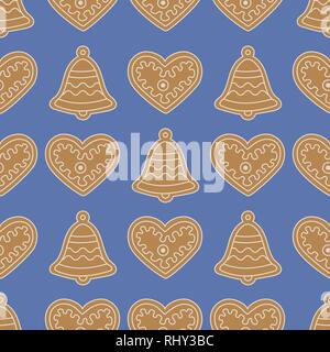 Nahtlose Muster mit Lebkuchen Glocken und Herzen. Urlaub Hintergrund. Design für Banner, Poster-, Textil-, drucken. Stock Vektor