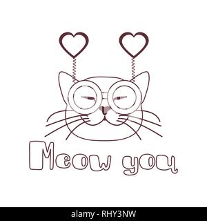 Vector Illustration mit Schnauze von cat im Karneval Gläser mit Herzen. Grußkarte Happy Valentine's Day. Romantische Hintergrund. Karneval festliche con Stock Vektor