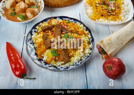 Afghani Pulao, Afghani uisine, Zentralasien Traditionelle verschiedene Gerichte, Ansicht von oben. Stockfoto