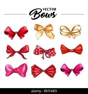 Bug handgezeichnete Vektorgrafiken. Realistische rot, golden, pink und lila Schleife Knoten Zeichnung. Bowknot Cliparts. Haarschmuck. Isolierte Farbe Bow-tie. Banner, Greeting Card Design Element Stock Vektor