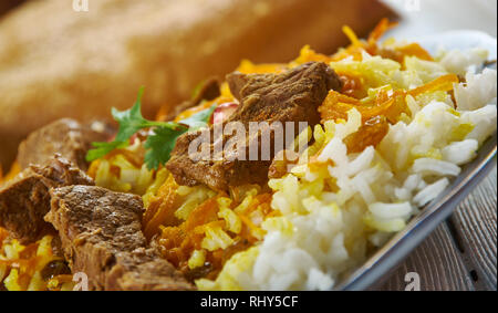 Afghani Pulao, Afghani uisine, Zentralasien Traditionelle verschiedene Gerichte, Ansicht von oben. Stockfoto