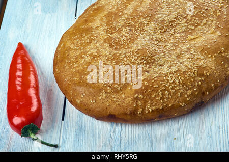 Brot Naanm Afghani uisine, Zentralasien Traditionelle verschiedene Gerichte, Ansicht von oben. Stockfoto