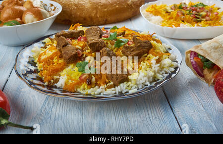 Afghani Pulao, Afghani uisine, Zentralasien Traditionelle verschiedene Gerichte, Ansicht von oben. Stockfoto