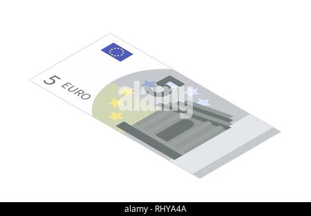 Flache 5-Euro-Schein in isometrischen Ansicht isoliert auf weißem Stock Vektor