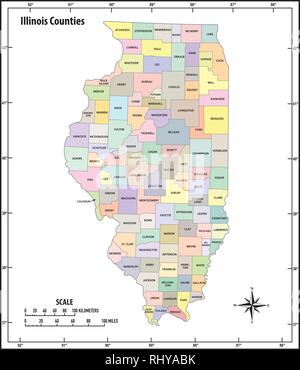 Illinois State Umrisse administrative und politische Vektorkarte in Farbe Stock Vektor