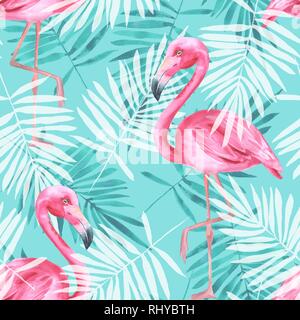 Tropische nahtlose Muster mit Flamingos und Palmblättern. Stockfoto