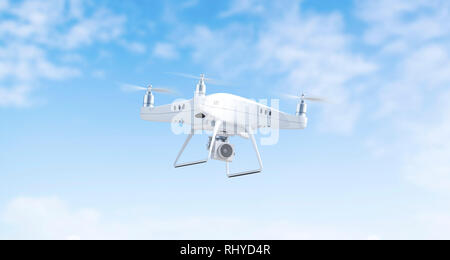 Leere weiße Fliegen quadcopter Mockup am Himmel Hintergrund, 3D-Rendering. Leere wireless Hubschrauber fliegen im Himmel mock up. Klare Technologie Spion mit Kamera. Outdoor Spielzeug Vorlage. Stockfoto