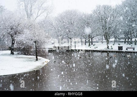 Starker Schneefall in Trenance Park in Newquay in Cornwall. Stockfoto