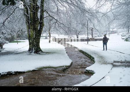 Starker Schneefall in Trenance Park in Newquay in Cornwall. Stockfoto