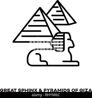 Große Sphinx und die Pyramiden von Gizeh in Ägypten vektor Symbol Leitung. Internationale Sehenswürdigkeiten und Tourismus Symbol. Stock Vektor