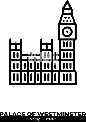 Palast von Westminster und Big Ben Bell Tower in London, England, Vereinigtes Königreich, Vektor Symbol Leitung. Internationale Sehenswürdigkeiten und Tourismus Symbol. Stock Vektor