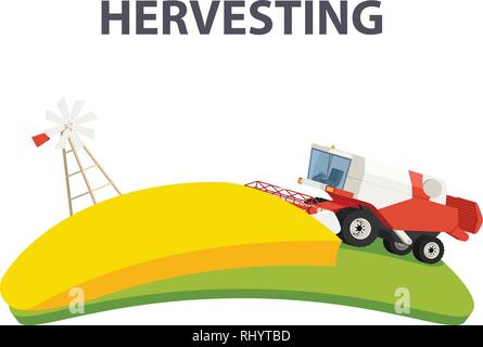 Ländliche Sommer Landschaft mit roten Harvester Landwirtschaft Maschine erntet goldenen Reif Weizenfeld kombinieren. Stock Vektor