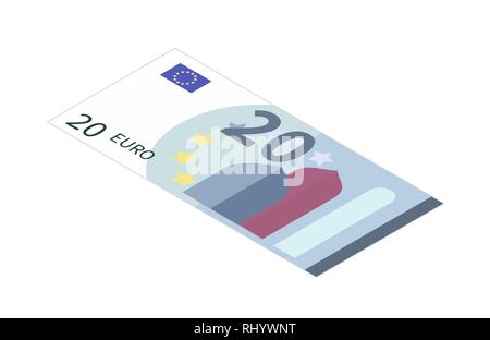 Flache 20-Euro-Banknote in isometrischen Ansicht isoliert auf weißem Stock Vektor