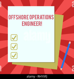 Wort schreiben Text Offshore Operations Engineer. Business Konzept für die Aufsicht über das Öl- und Gasgeschäft in der rig Stapel leer verschiedenen Pastellfarben Col Stockfoto