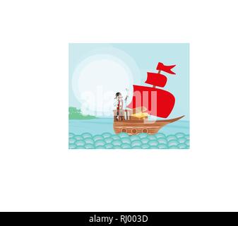 Cartoon Pirate Ship Segeln Meer Stock Vektor