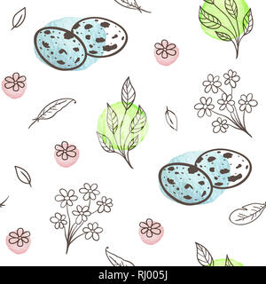 Hand gezeichnet doodle Ostern nahtlose Muster mit Eiern und Blüten auf einem weißen Hintergrund. Stockfoto