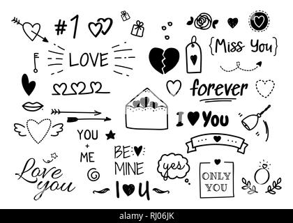 Vektor Sammlung mit Herz, Umschlag, Schlüssel, Pfeil, Schriftzug Text. Satz von Hand gezeichnet Doodle liebe Elemente für Valentinstag Karte. Stock Vektor