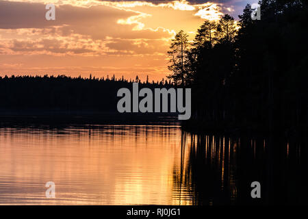 Fantastischen Sonnenuntergang am See, dunklen Kiefernwald in der ruhigen Wasser widerspiegeln Stockfoto