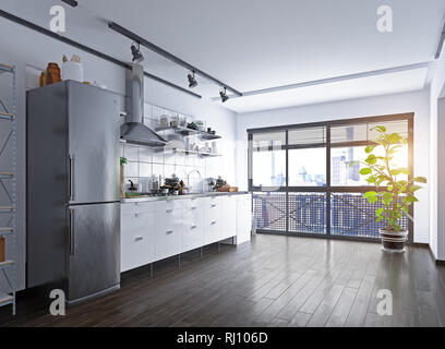 Loft Küche Interieur. 3D-rendering Design Stockfoto