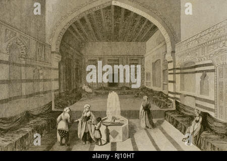 Syrien. Damaskus. Innenraum eines Palastes. Gravur. Panorama Universal. Geschichte von Arabien, 1851. Stockfoto