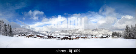 Panorama Winterlandschaft Reit im Winkl, Bayern, Alpen, Chiemgau Stockfoto