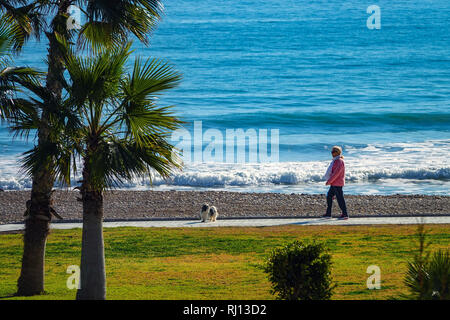 Dog Walker auf die Promenade und das Meer mit Wellen in Oropesa del Mar Resort, Costa del Azahar, Provinz Castellon, Spanien, Oropesa Stockfoto