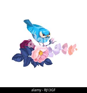Feder Vogel auf Zweig Blumen Aquarell Artwork. Blumen Sommer abstrakten Blumenstrauß mit blauen Blatt und Nachtigall. Romantische Zweig, Blüte Hintergrund Flach Stock Vektor