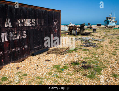 Dungeness (Vorgewende), Wenden am Vorgewende in Kent, Kiesstrand in Form einer cuspate Vorland. Romney Marsh, traditionelle Klinker Stockfoto