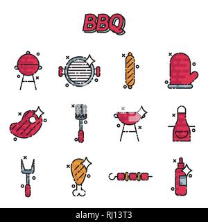Grill Icon Set, dünne Linie Stil, flache Bauweise Stock Vektor