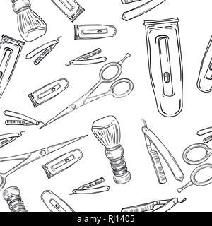 Hand retro Barbershop nahtlose Muster gezeichnet. Scheren, Rasiermesser, Rasierpinsel, Friseur Pole, Rasierspiegel, Schnurrbart comp Stock Vektor