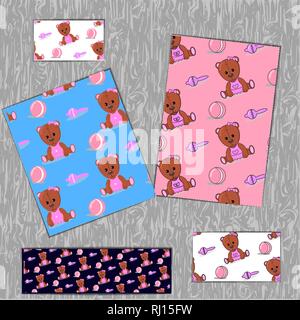 Hintergrund rosa Teddybär mit Spielzeug. Kugel und klappern. Für Karten, Stoff, drucken. Vector Illustration. Stock Vektor