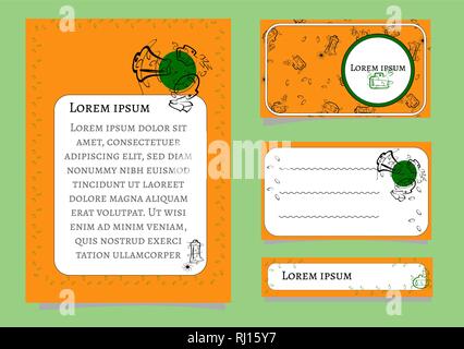 Vorlage Visitenkarte und Flyer. Orange Hintergrund mit schwarzer Outline Flaschen und Blumen. Mit Platz für Ihren Text. Eine Reihe von Fahnen für Schönheit und Stock Vektor