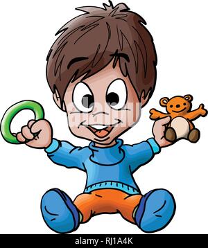 Cartoon baby Junge spielt mit seinem Spielzeug Vector Illustration Stock Vektor