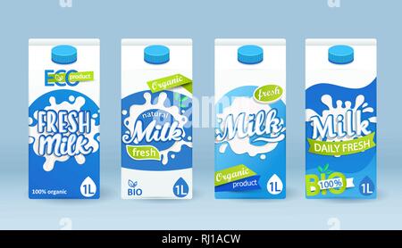Satz von Milch Tetra Pack mit unterschiedlichen Labels.
