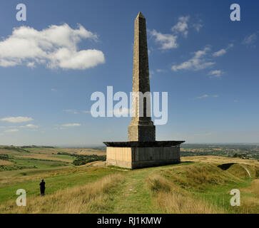 Das Lansdowne Denkmal auf cherhill Hill (Oldbury Castle), ein markantes Wahrzeichen in der Wiltshire Downs. Stockfoto