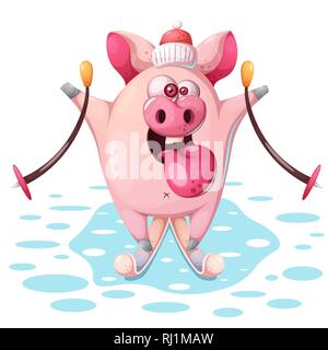 Niedliche rosa Schwein mit Ski. Stock Vektor