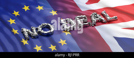 Kein Abkommen, brexit. Kein deal Text, gebrochene Buchstaben auf UK und EU-Flaggen, Banner. 3D-Darstellung Stockfoto