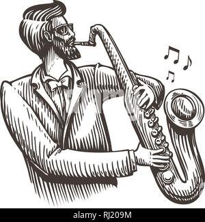 Musiker spielt das Saxophon. Jazz, live Musik, Blues Skizze. Vintage Vector Illustration Stock Vektor