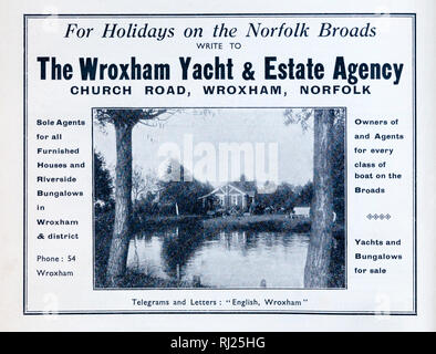 Ein 1933 Werbung für die wroxham Yachtcharter & Immobilien Agentur bietet Ferien auf den Norfolk Broads. Stockfoto