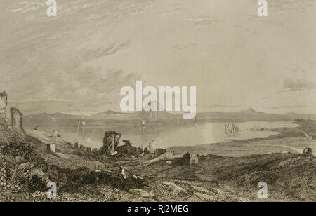 Ruinen von Karthago. Lemaitre Direxit. Gravur. Panorama Universal. Geschichte von Karthago, 1850. Stockfoto
