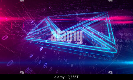 E-mail Kommunikation im Cyberspace mit Briefumschlag auf digitalen Hintergrund. Digitale Symbol Nachricht abstraktes Konzept 3D-Abbildung. Stockfoto