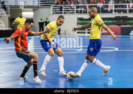 Indoor footsal Übereinstimmung der nationalen Teams aus Spanien und Brasilien am Multiusos Pavillon von Caceres Stockfoto